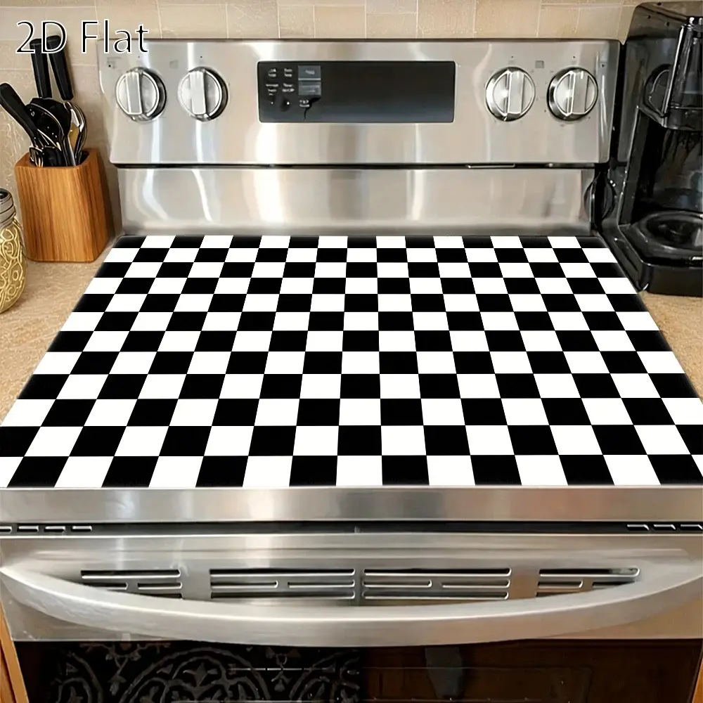 Black and white checkered pattern design rubber stove protective cover - heat-resistant, non slip, absorbent, easy to clean, oven mat, refrigerator mat, kitchen stove cover, suitable for surface protection of ovens, washing machines and appliances