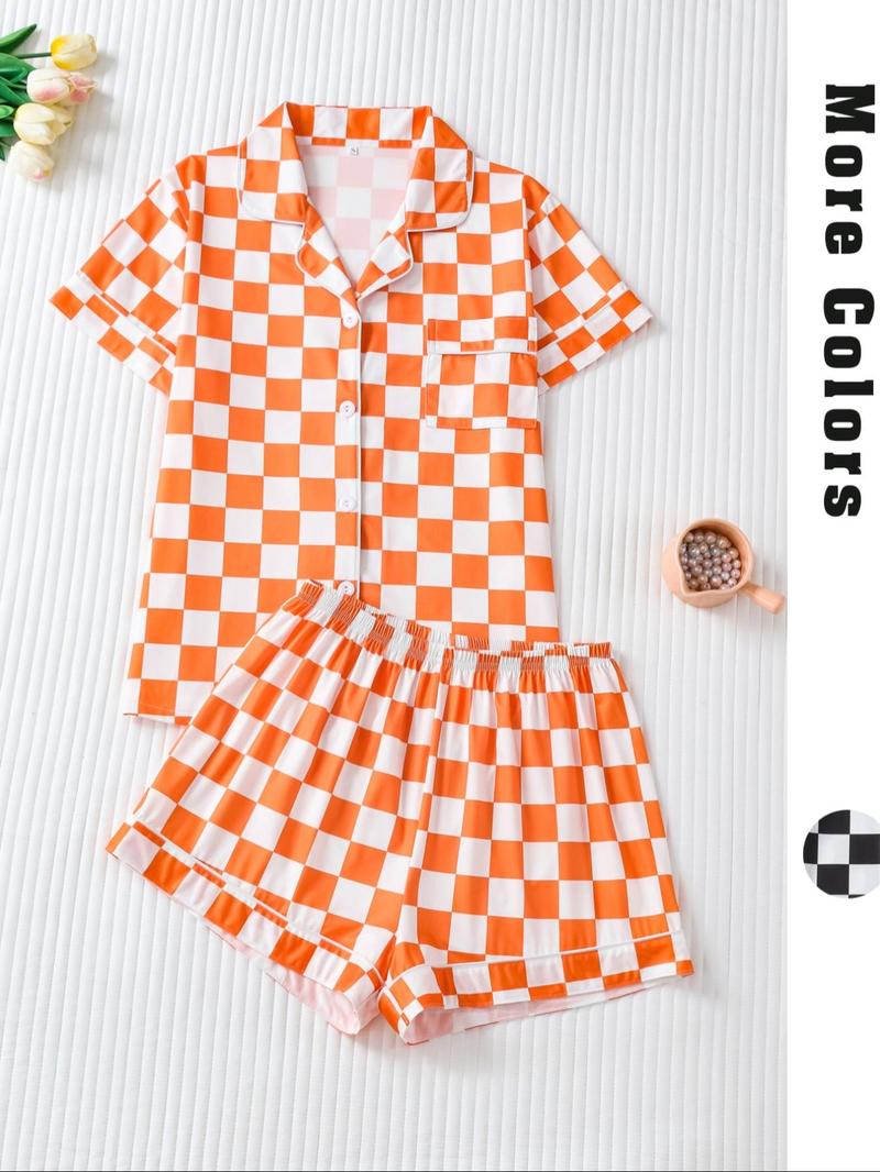 Women's Checkerboard Print Lapel Neck Pajama, Casual Comfy Short Sleeve Button Front Chest Pocket Design Top & Elastic Waist Shorts PJ Set, Ladies Summer Sleepwear Loungewear
