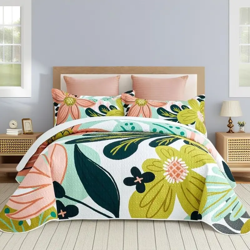 Mid Century Botanical Floral Boho 3 Piece Full Queen Bed Comforter Set 90"x96", Marshmallow Soft Reversible Microfiber All Season Bedding Set Includes 2 Matching Pillow Shams