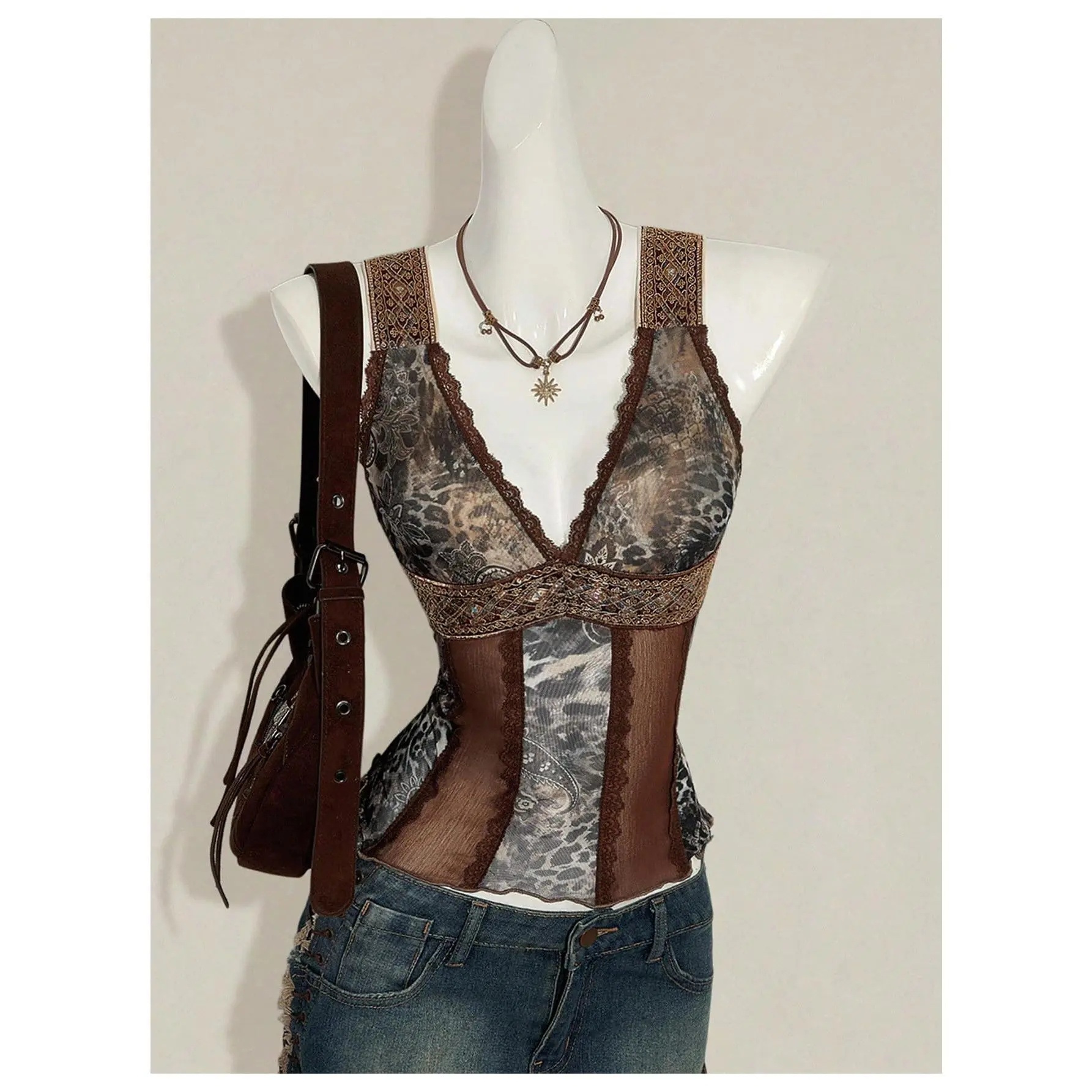 Boho Leopard Lace Trim V Neck Tank Top Sheer Mesh Sleeveless Y2K Rave Party Tops