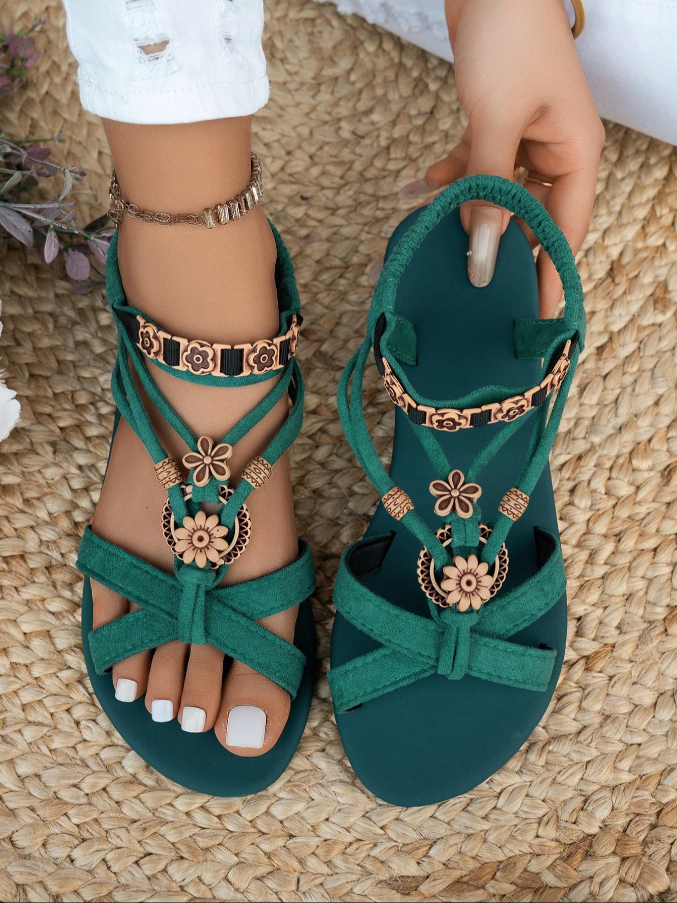 Women's Fashionable Summer Bohemian Trending Sandals, Lightweight Strappy Sandals, Boho Style Black Flat Sandals for Summer Beach Vacation, Versatile Shoes for Women & Girls, Footwear, Casual Trendy Sandals, Ankle Strap Sandal