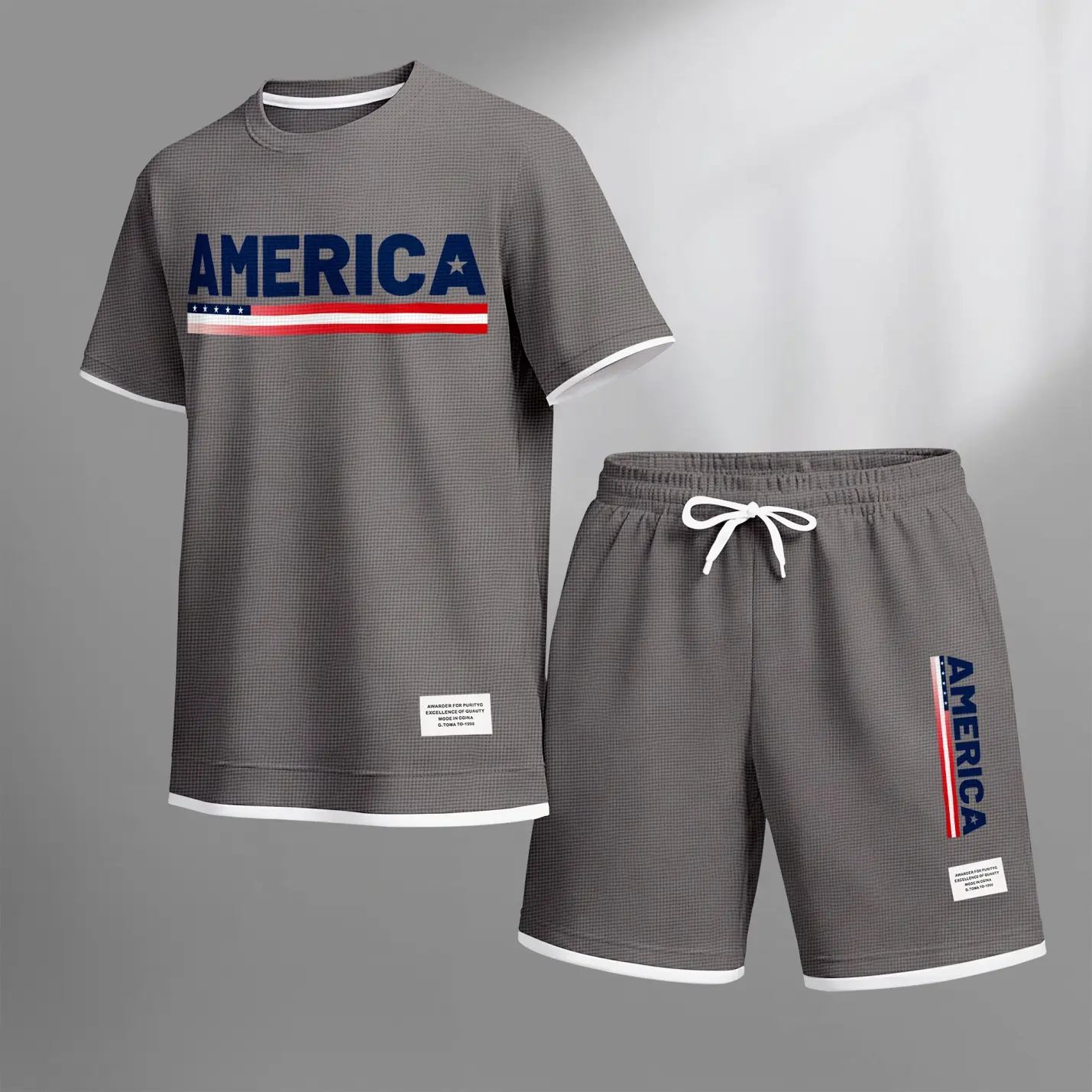 Men's Minimalist Textured Polyester 2-Piece Set with Contrasting Trim, Loose Fit Lightweight Breathable Streetwear, Machine Washable