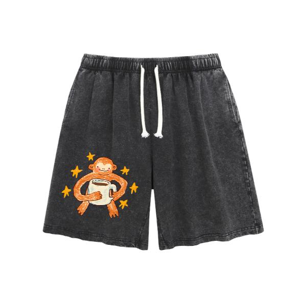 Star Monkey unisex retro washed shorts, retro distressed color washed shorts - natural themed men's and women's streetwear Valentine's Day gifts-men’s shorts