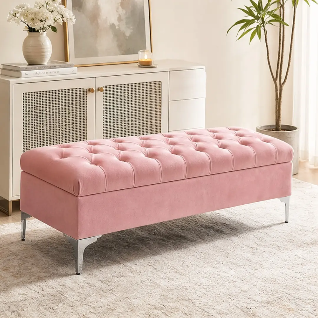 ARCH Classic Velvet Storage Ottoman Bench - Button-Tufted Pink Upholstered Footstool with Metal Legs, 47.2" L x 15.7" W x 16.5" H, 28.1 lb Hinged Lid Space-Saving Chest, Room Decor, Living Room Decor, Blanket/Pillow/Magazine Organizer, Assembly Required,