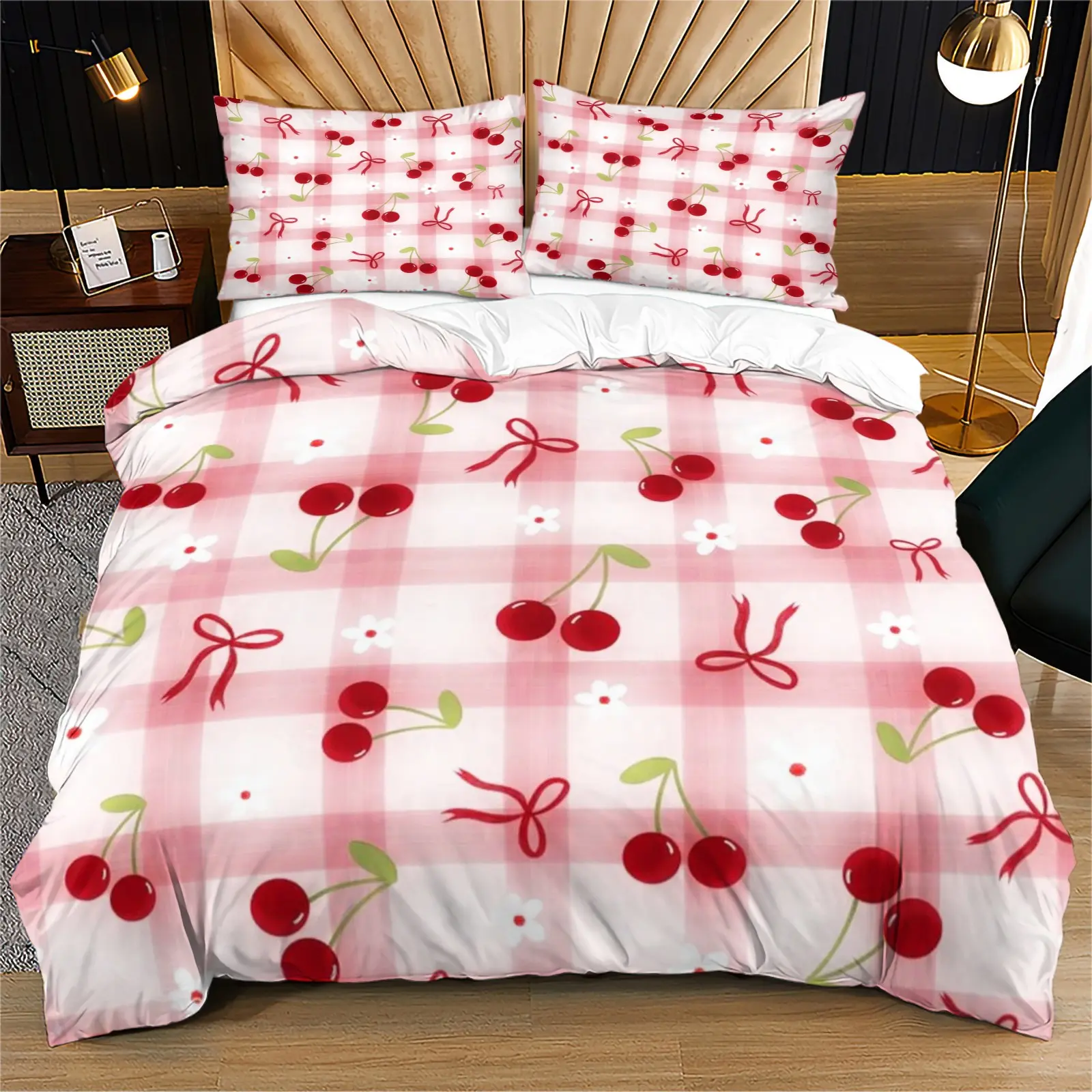 Cherry print pattern set, including 1 duvet cover and 1 or 2 pillowcases, without a core or pillow, suitable for bedroom or dormitory bedding set, suitable for gift giving or personal use