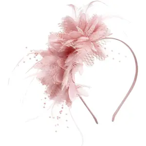 Womens Fascinators Hats Tea Party Hats for Women, Feather Pearl Veil Headband for Wedding Cocktail Dresses AccessoriesGift.
