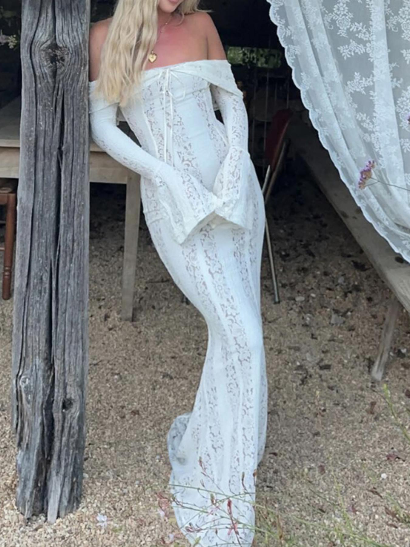 Women's Off The Shoulder Tie Front Lace Bodycon Dress, Elegant Long Sleeve Flounce Sleeve Zipper Back Maxi Dress for Party Holiday Wedding Guest, Ladies Spring & Fall Clothes,  Bridal Attire Valentine's Day, gift