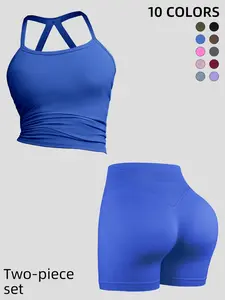 Home Casual Solid Set, Milk Silk Cross Back Halter Top, Slim Fit Short Pants, Two-Piece for Home, Work, School, Outerwear