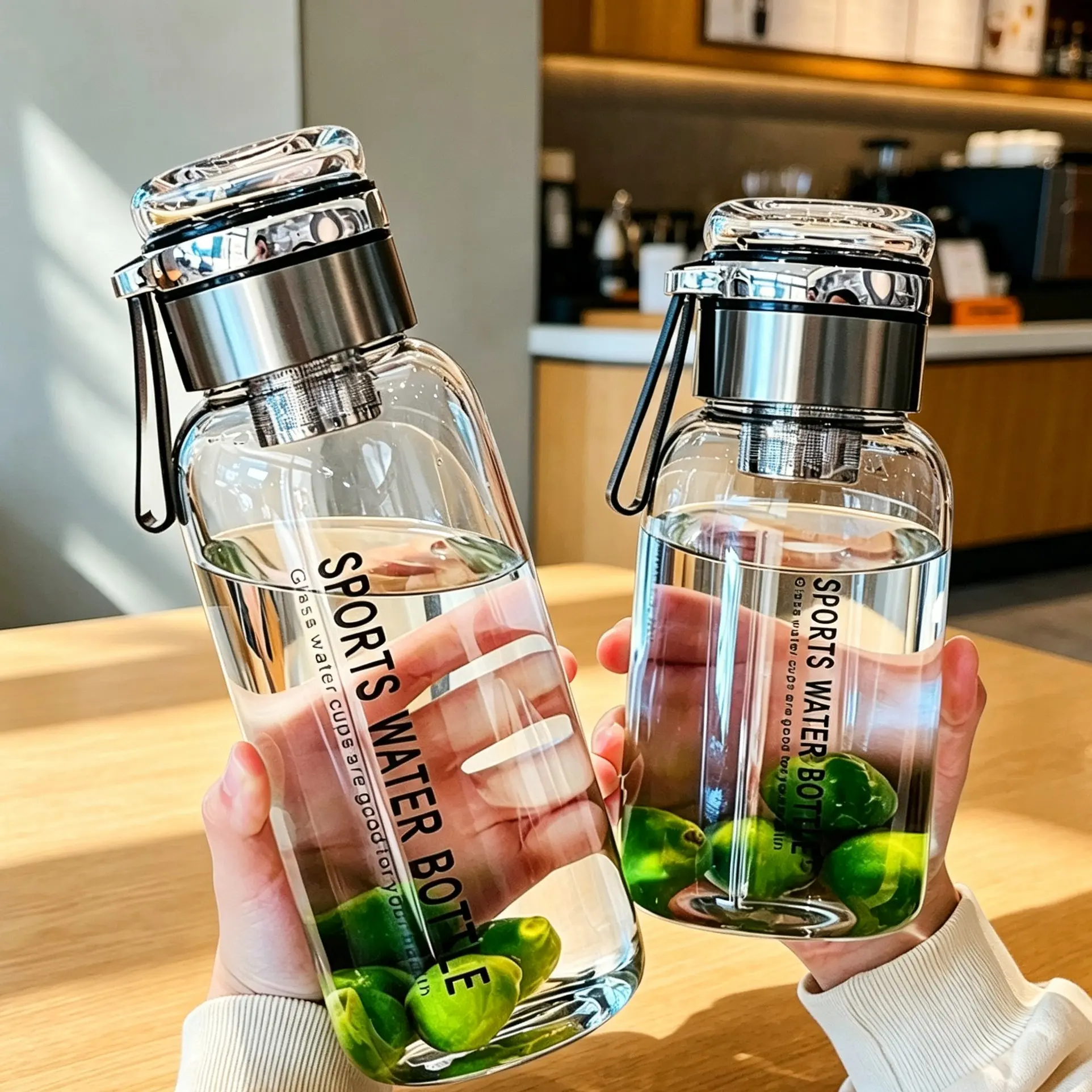 Large Capacity Portable Wide Mouth Borosilicate Glass Sports Water Bottle with Stainless Steel Lid, Fruit & Tea Infuser & Protective Sleeve, Food Grade BPA Free Leakproof Heat Resistant, Dishwasher Safe for Gym, Camping, Travel, Office & Home Use