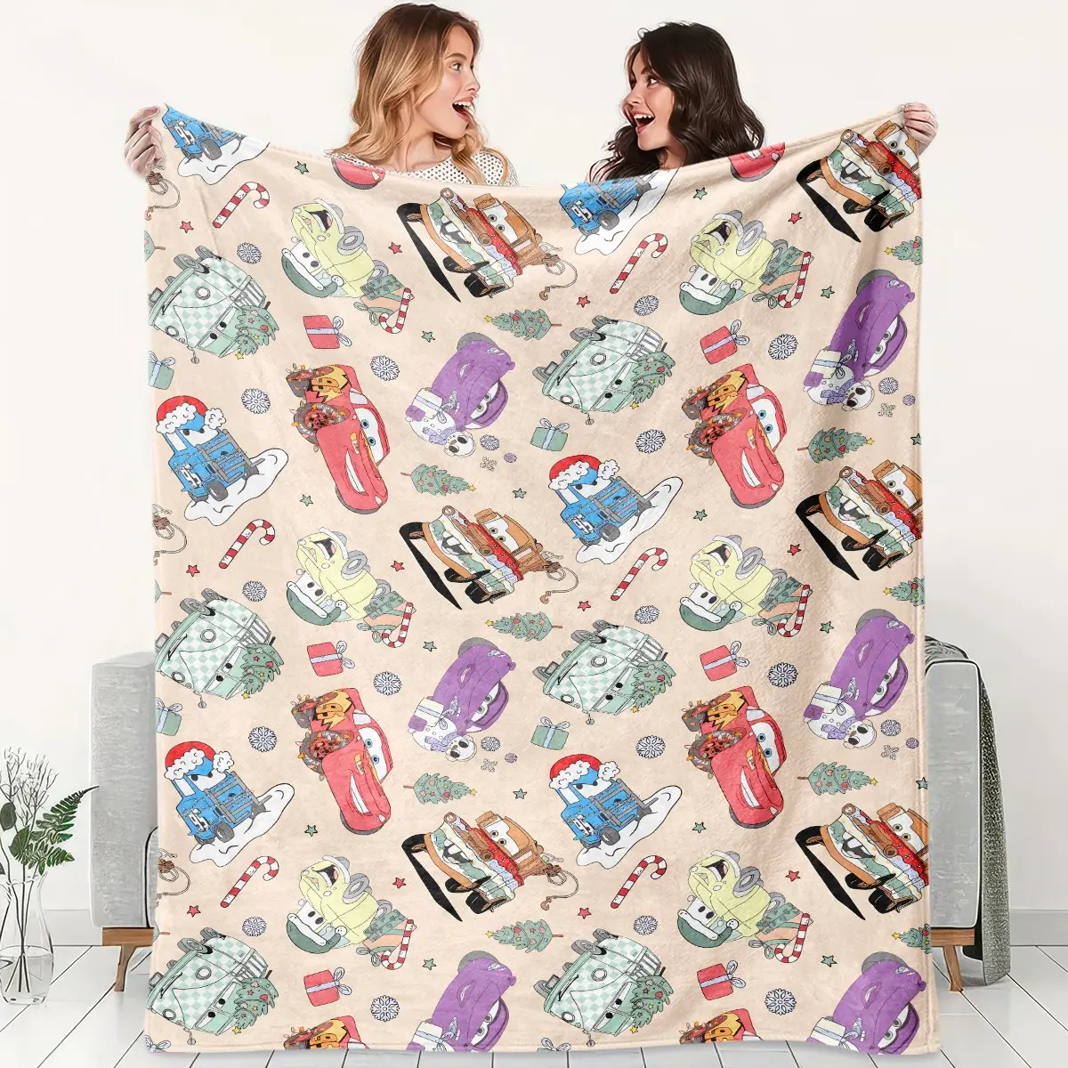 1pc Cars Christmas Cartoon Fleece Blanket, Light Beige Base Lightning McQueen Mater Xmas Car Candy Cane Tree Snowflake Seamless Print. Soft Warm Throw for Sofa, Bed, Office, Camping Trip, Ideal Christmas Gift.