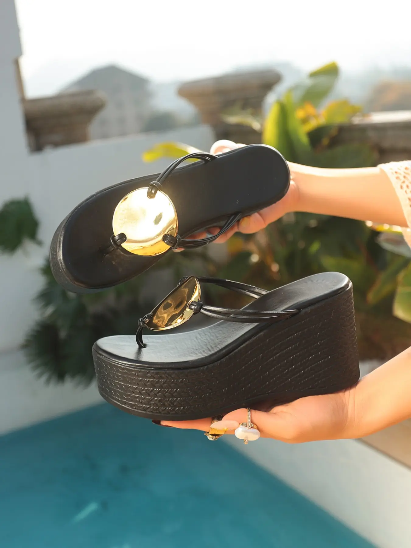 Women Metal Ornament Thong Platform Wedge Flip Flops, Open Toe Slip On Beach Vacation Summer Thick Sole Sandals, Black Champagne Gold