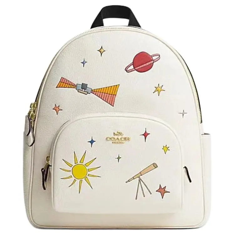 COACH Court 27 Leather Backpack for Women with Metal Logo Print, Zip Closure, Oversized, Chalk Multicolor