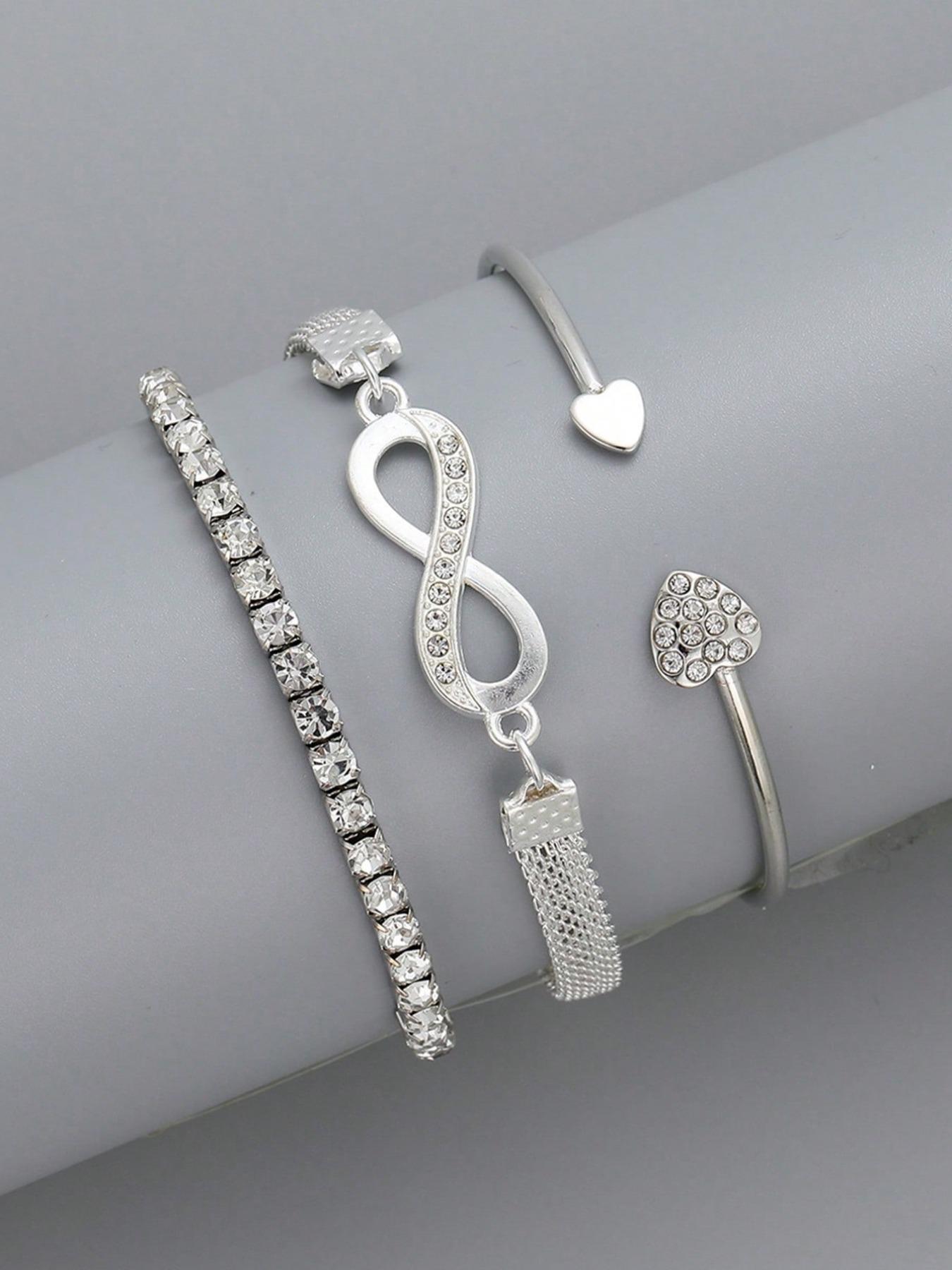 3pcs Women's Minimalist Elegant Heart Rhinestone Bangles Set, Pretty Bracelet, Bracelet Bundle, Fashion Accessories for Parties and Daily Wear, Versatile Elegant Jewelry Bracelet Set