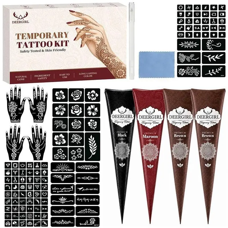 All-in-One Mehndi Henna Tattoo Gift Set Multi-Color Henna Paste Cones + Mehndi Stencils Hand Arm Stencil Templates, Waterproof Long Lasting Temporary Body Tattoo Kit for Beach Party Bridal Shower Cosplay
