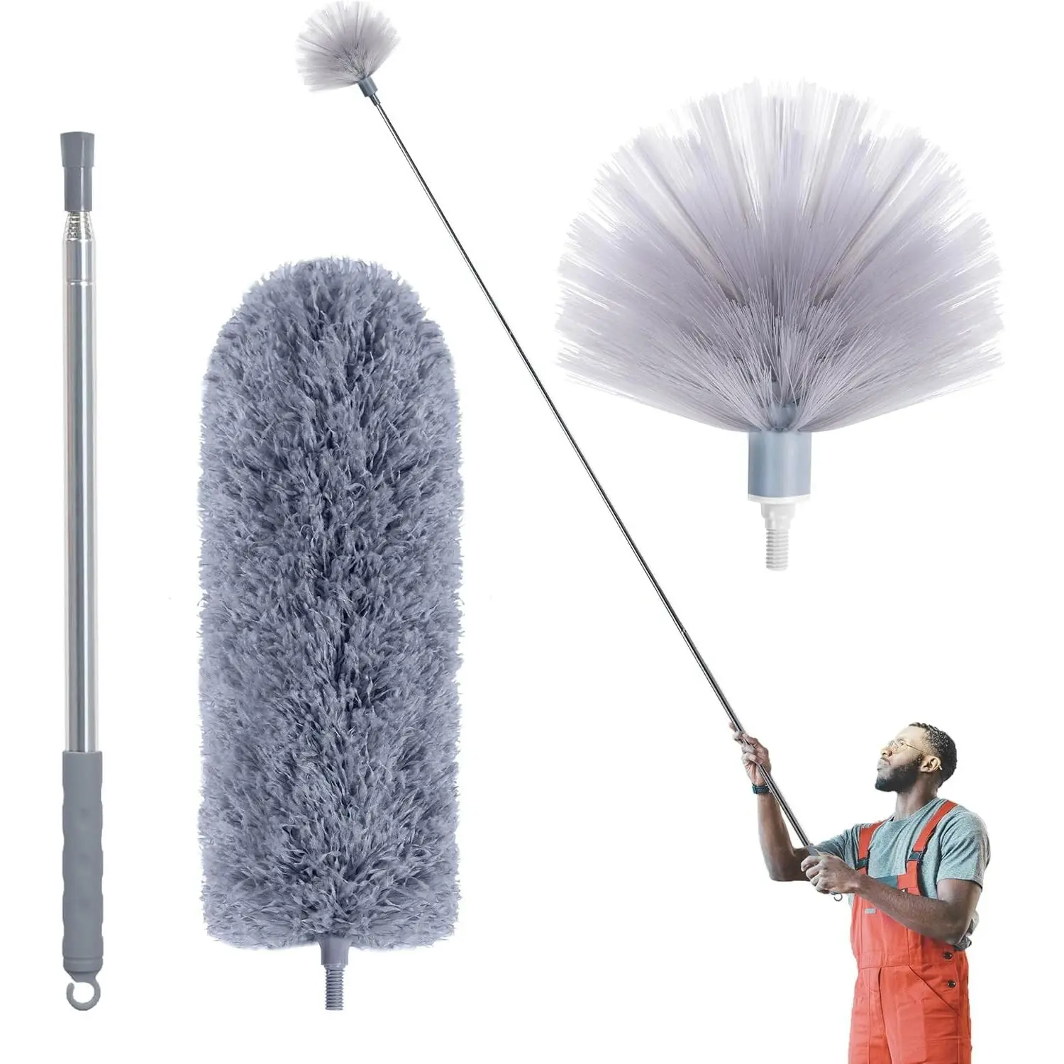 Extendable Steel Cobweb Duster with 100" Pole, Washable Microfiber Brush - Feather Dusting Kit Set for Ceiling Fans, Furniture Home Cleaning Supplies