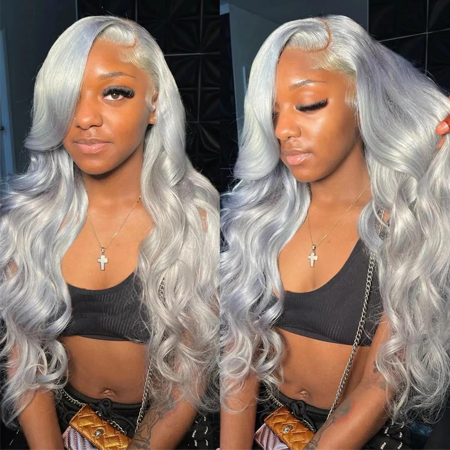 180% Density Ombre Grey Human Hair Wig 13x4 Lace Front Pre Plucked Ombre Silver Gray Ash Blonde Colored With Short Brown Roots  main image 3