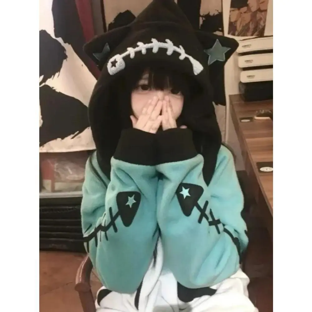Japanese Kawaii Fish Bone Long Sleeve Detachable Hood Women Zipper Y2k Aesthetic Streetwear Hoodies Harajuku Zipper Sweatshirt