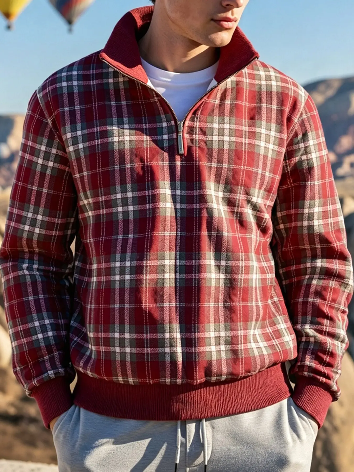 1 Piece Men Plaid Half Zip Pullover Jacket Retro Vintage Harrington Coat Ribbed Collar Cuff Hem Long Sleeve Soft Flannel Fabric Loose Fit Lightweight Windproof Daily Walking Outdoor Travel Streetwear For Male