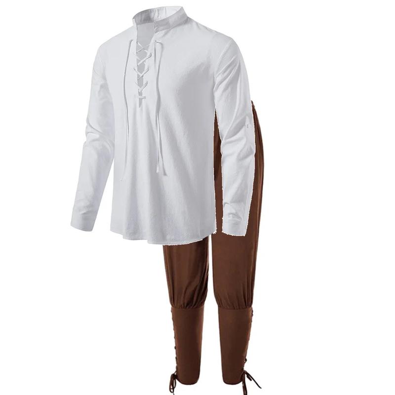 2PcsMen'sMedievalKnightCostumeSetRenaissanceCosplayPirateShirtsAnkleBandedPantsForHalloweenCottonLinenFabricMenswearClothesHoodieCasualGamisBeigePlainWhiteBrown