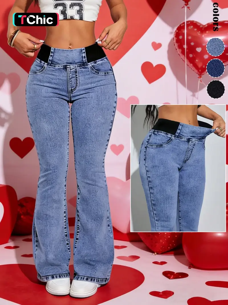 GILIPUR Y2K 2026 Women's Back Shirred Jeans, Mid - Rise Elasticity Waist Flared Jeans, With Pockets, Light Blue Washing Process, Kardashian Style, Women's Bell - Bottoms Wide - Leg Jeans, Waist - Cinching Design, Tchic