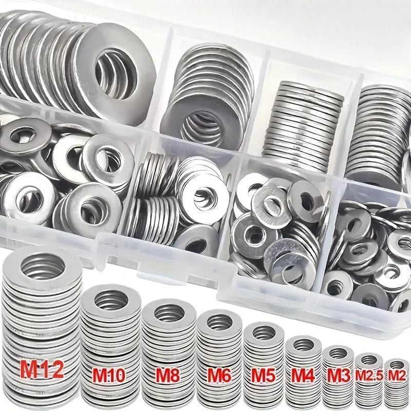 80-580pcs Stainless Steel Flat Washers Assortment Kit, M2 to M12 Sizes for Home Decoration and Outdoor Construction, Perfect for Factories and Shop Repairs