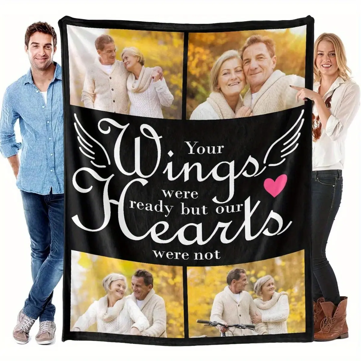 Customized memorial blanket, can hold four photos, designed with the message "Your wings are ready, but our hearts are not," warm flannel blanket, suitable for parents and children, personalized memorial gift