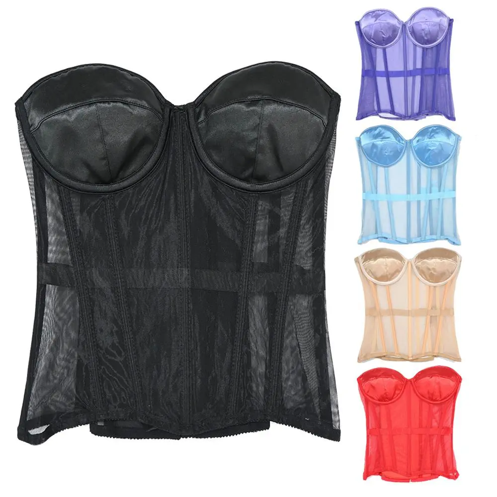 Women's Corset Bustiers Strapless With Bra Breathable Mesh Lace Up Boned Bodices Waist Girdle Tummy Control Tight Tops