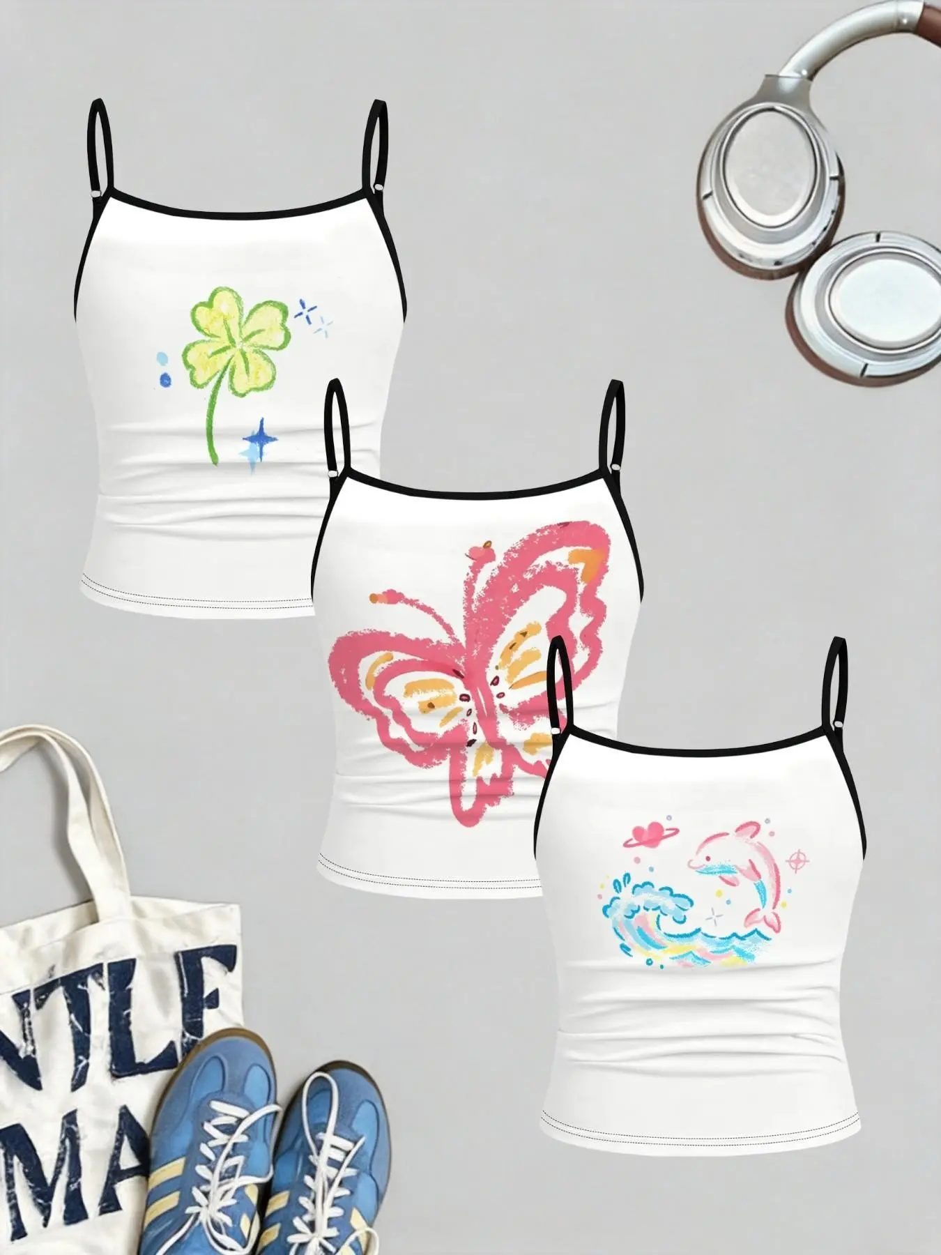 3-Pack Girls' Colorful Print Tank Tops, Cute Butterfly Dolphin Clover Design, Summer Sleeveless Sporty Tees, Casual Streetwear