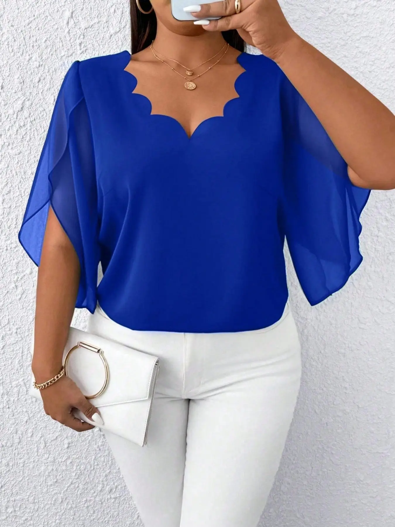 Women's Plus Size Blouse Shirts Scalloped V-Neck Sheer Chiffon Lightweight Flutter Sleeve Flowy Fashion Elegant Office Workwear Trendy Tops