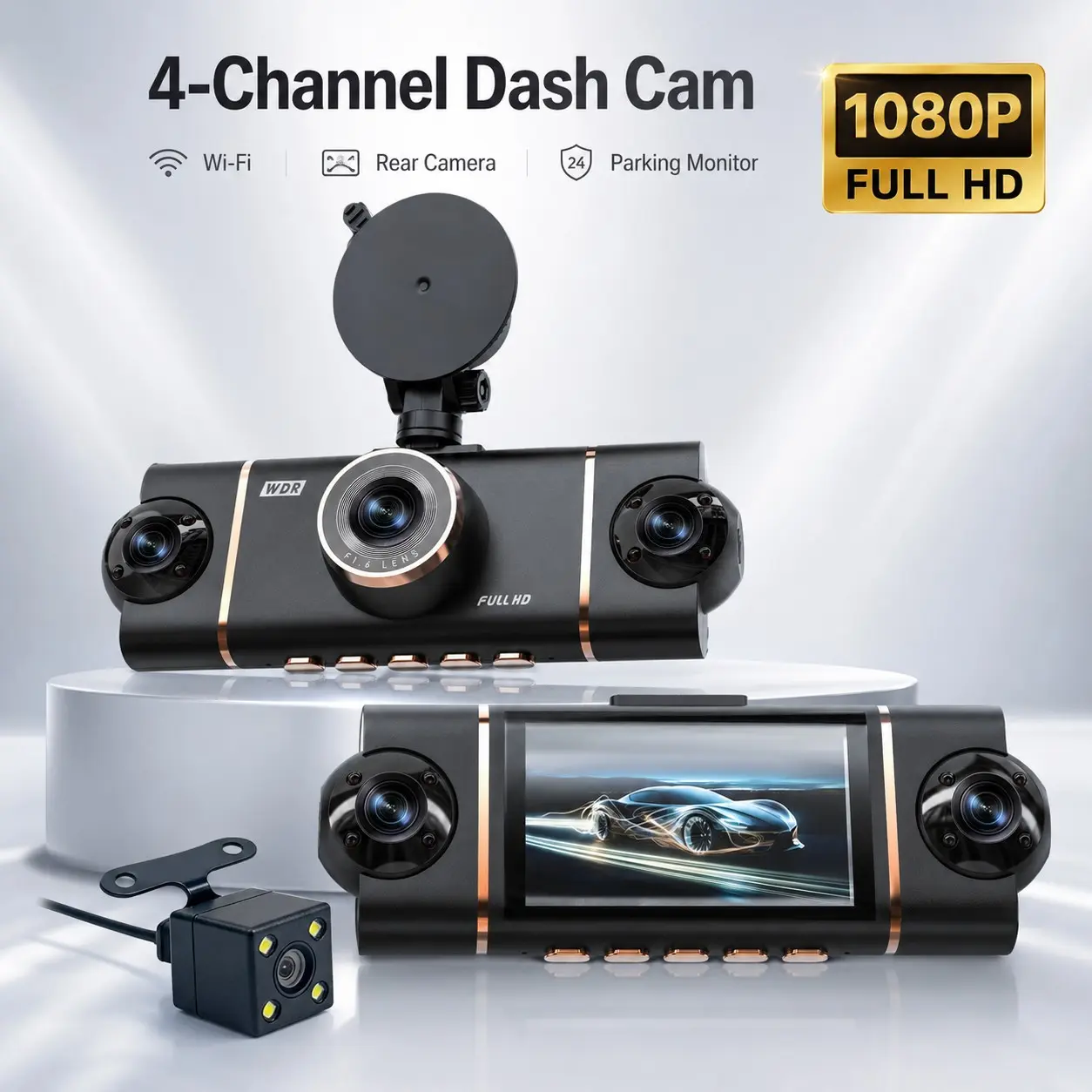 4 Channel Dash Cam for Cars, 360° Coverage, 5GHz WiFi & APP Control, Front Rear and Interior Cameras, Night Vision, 24/7 Parking Mode, 64GB SD Card Included