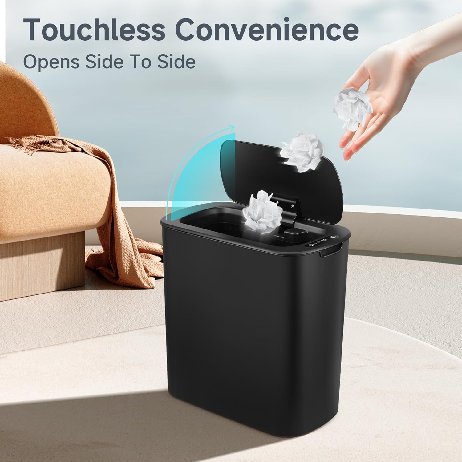 5 Gallon Motion Senor Bathroom Trash Can with Lid, Automatic Garbage Can Touchless,  Plastic  Basket for Narrow Spaces, Bathroom, Office, Bedroom, Living Room (Black)