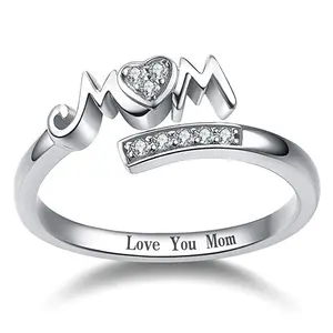 [NB] Engraved Love You Mom Ring, Sparkling Heart Cubic Zirconia MOM Letter Adjustable Open Ring, Hypoallergenic Silver Plated Mom Jewelry, Ideal Mother’s Day Birthday Thanksgiving Anniversary Gift for Mom & Grandma