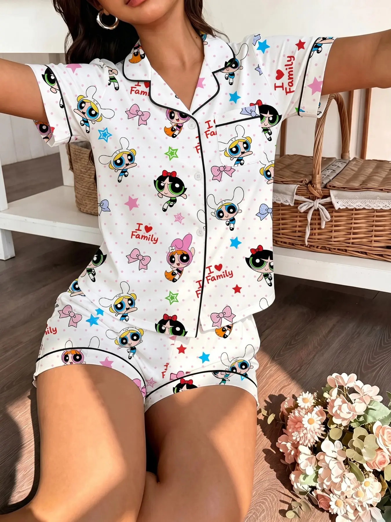 Summer Women's Pajama Set, Short Sleeve Button-Up Top & Loose Shorts, Dots Print Design, Casual Nightwear for Relaxing