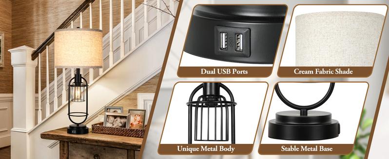 Set of 2 Table Lamps for Living Room with USB Ports, 29" Tall 2-Light Bedside Lamps, Farmhouse Nightstand Lamp with Cream Fabric Shade, Industrial Desk Lamp for Bedroom End Table Reading Lamp E26 Base