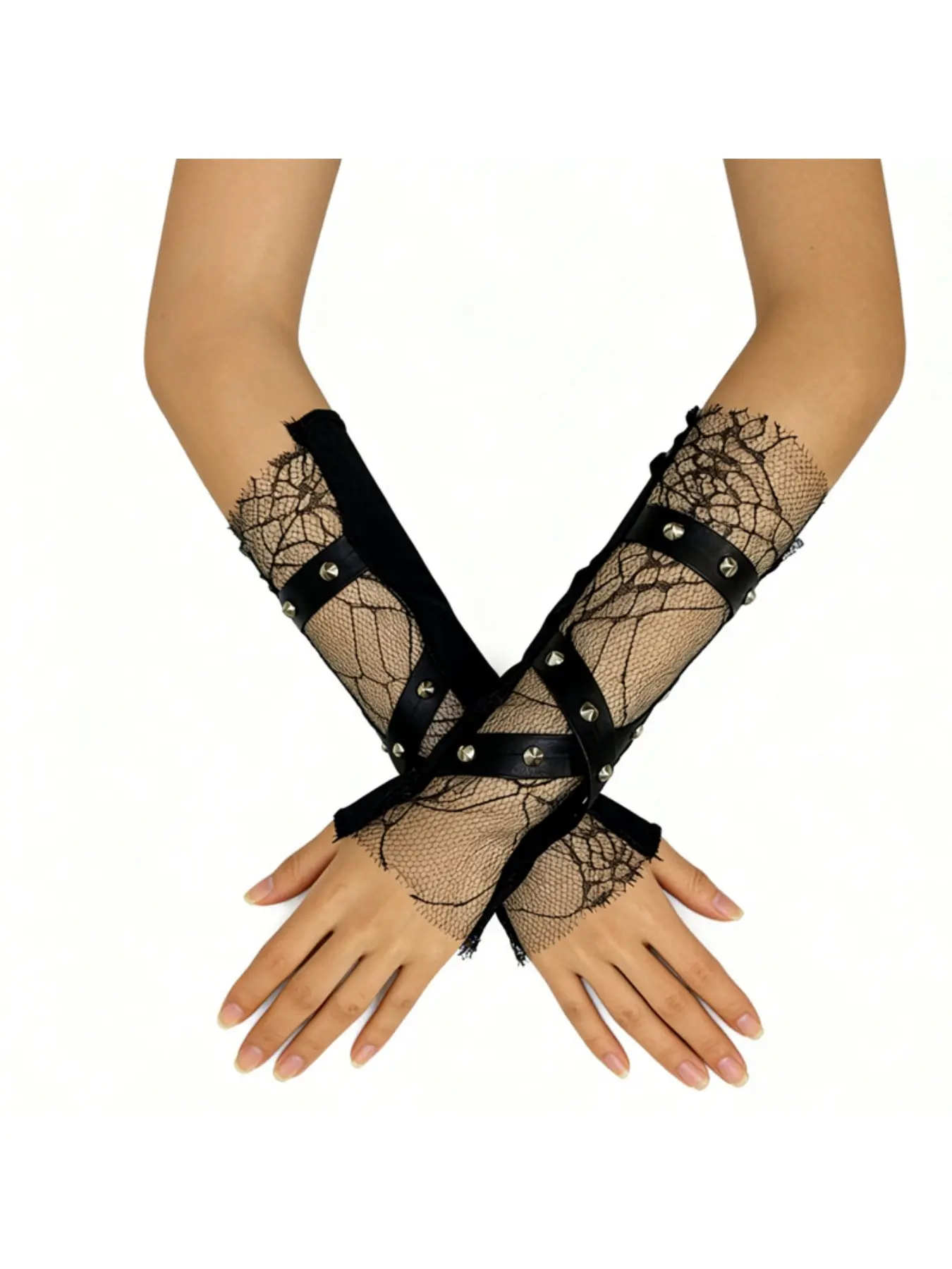 Punk-style lace rivet arm sleeves gothic mesh spliced arm covers dark-themed rivet lacing