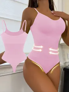Women's Seamless Shaping Bodysuit, Tummy Control Slimming Thong Body Shaper, Adjustable Strap, Casual Style, All Seasons, Regular Length, Shapewear