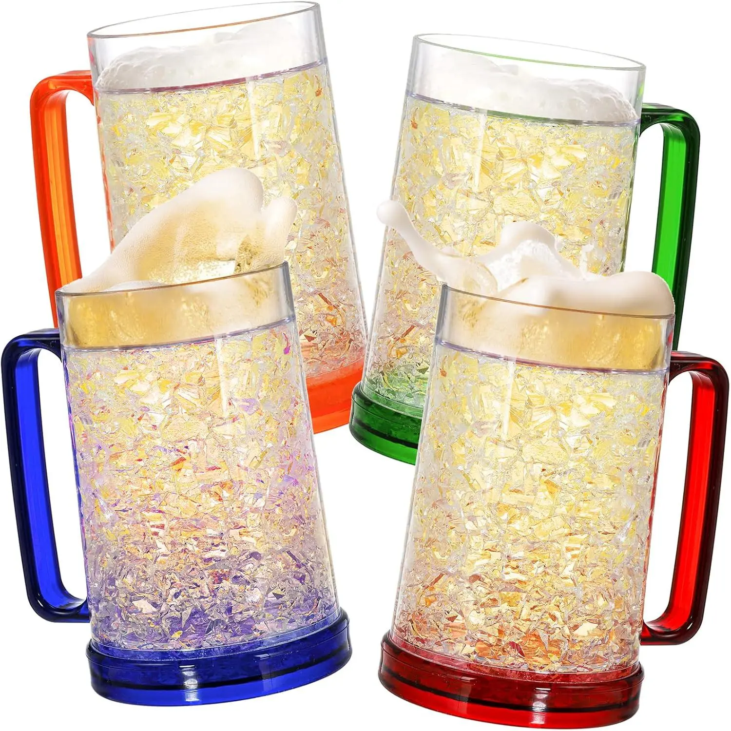 Freezer  Mugs, 4 Pack Double Wall Gel Frosty Freezer Ice Mugs, Plastic  Mugs With Handles for Parties and Gifts, 16oz (Blue, Red, Orange and Green)