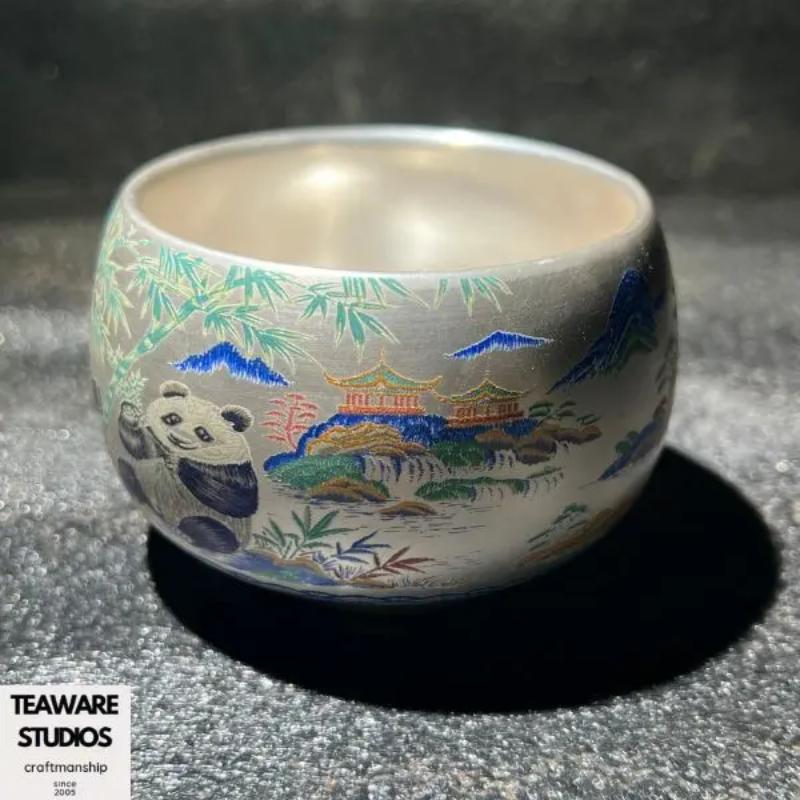 Hand-Engraved Silver-Plated Tea Cup with Bamboo & Panda Patterns - Traditional Chinese Aesthetic Teacup for Tea Lovers - Unique Hand-Made Drinkware.