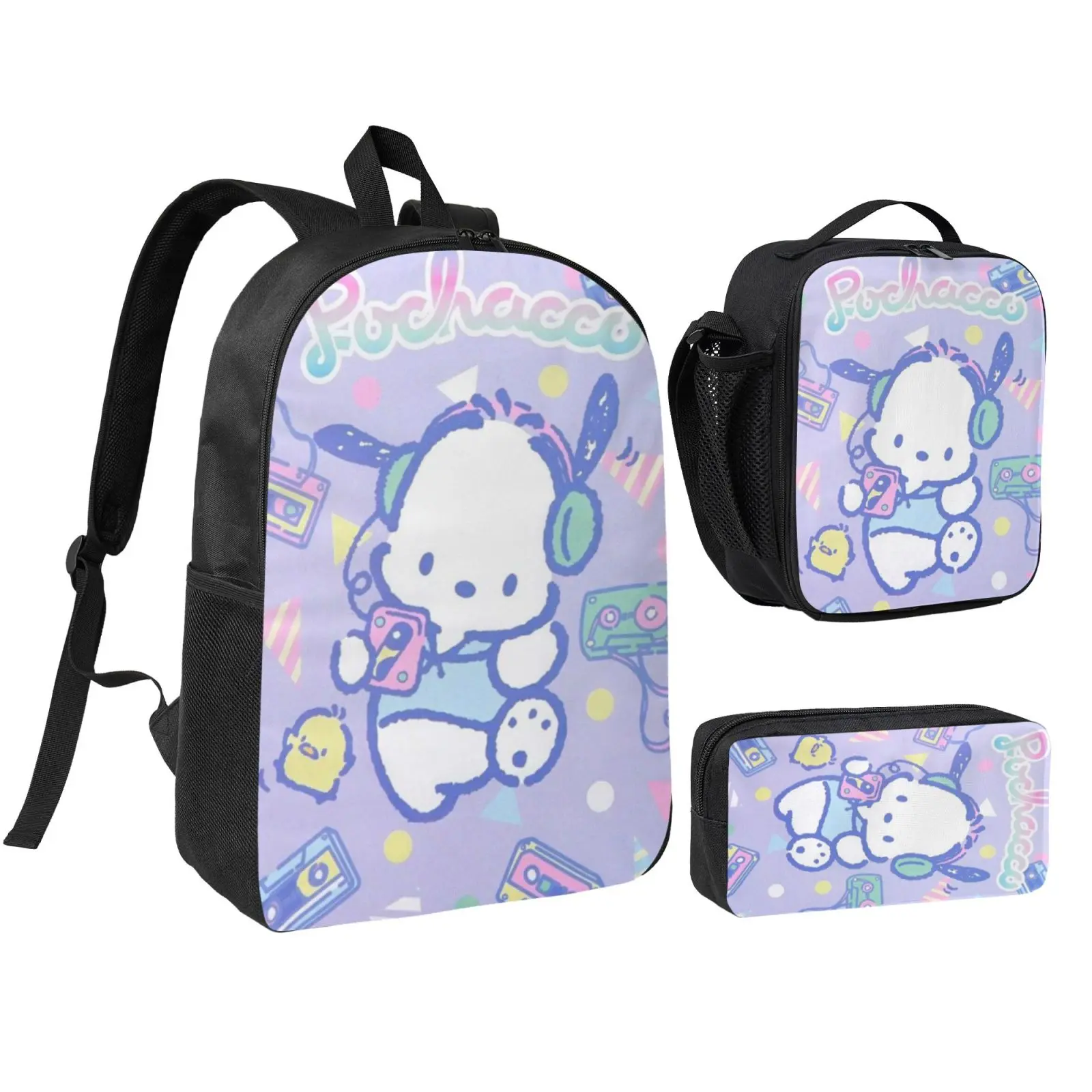 Anime Pochacco2 Kids School Bag Set, Teen Boys Girls Backpack with Adjustable Shoulder Straps, Multipurpose Bookbag with Lunch Box Pencil Bag for School Travel Office Daily Use