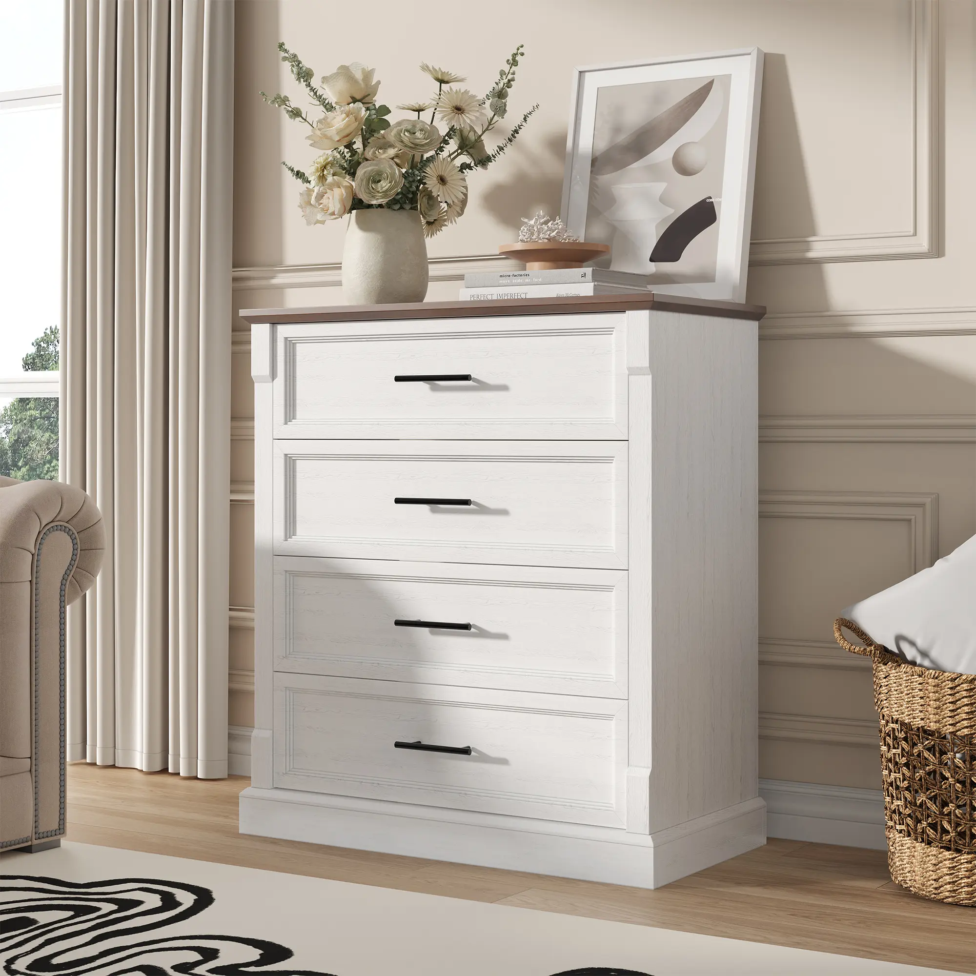 5-Drawer Farmhouse Engineered Wood Dresser - Anti-Tip Safe with Metal Handles, Distressed Fronts, Wall Anchors, Reinforced Base, White TV Stand for Bedroom, Nursery, Drawers for Clothes Storage, Dresser For Bedroom, Distressed Drawer Fronts