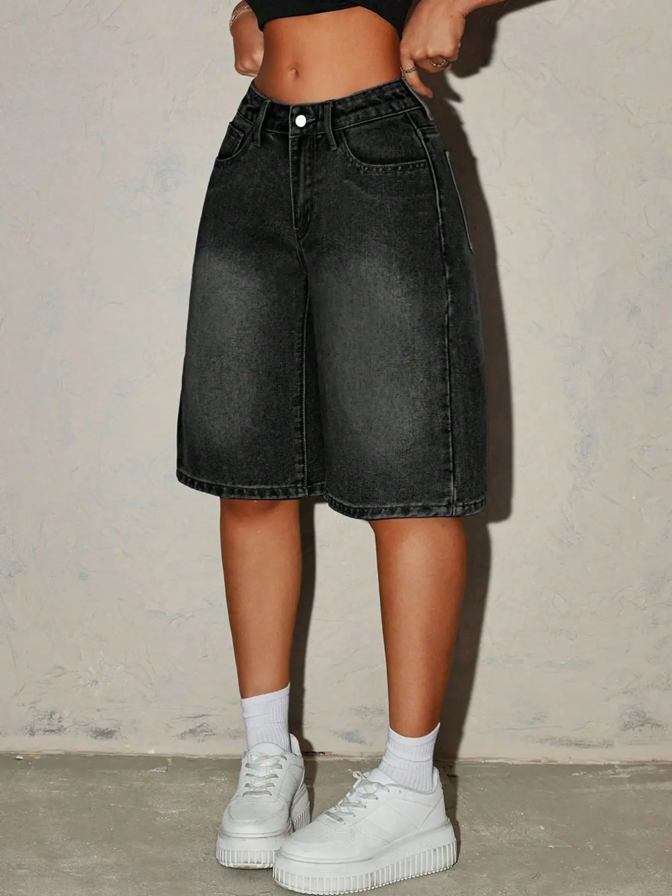 American Street Style Tall Boyfriend Jeans, High Waist Loose Wide Leg Five-Quarter Pants, Washed Vintage Trendy Streetwear Fashion