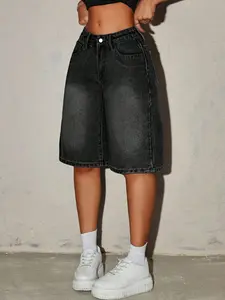 American Street Style Streetwear Tall Boyfriend Jeans, High Waist Loose Wide Leg Five-Quarter Pants, Washed Vintage Trendy Fashion