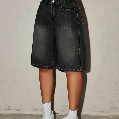 American Street Style Tall Boyfriend Denim Jeans, High Waist Loose Wide Leg Five-Quarter Pants, Washed Vintage Trendy Streetwear Fashion