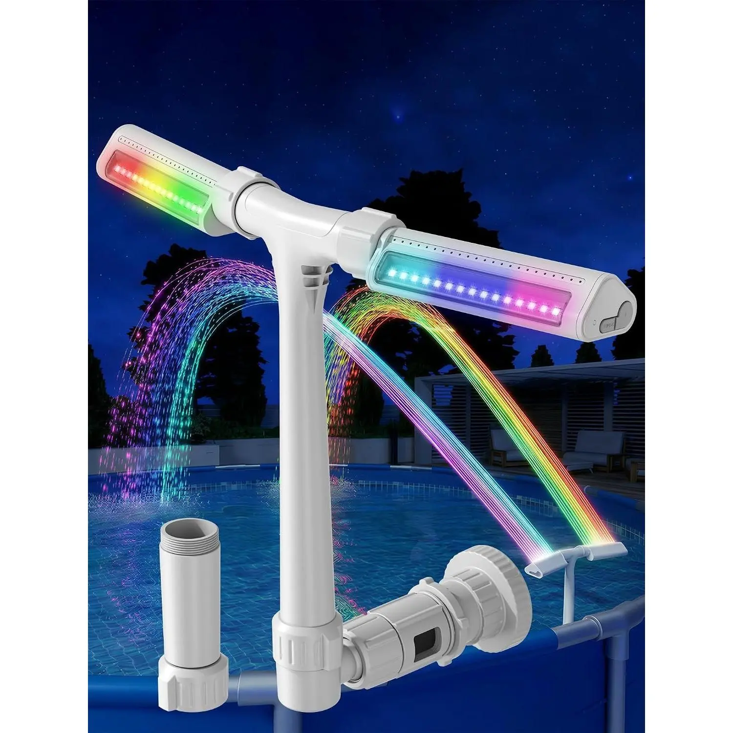 Pool Fountain with 10 Colors Rainbow Lights for Above/In Ground Pools, Dual-Head Adjustable Pool Waterfall & Sprinkler with Timer, 5000mAh Battery, Remote-Controlled, Grey