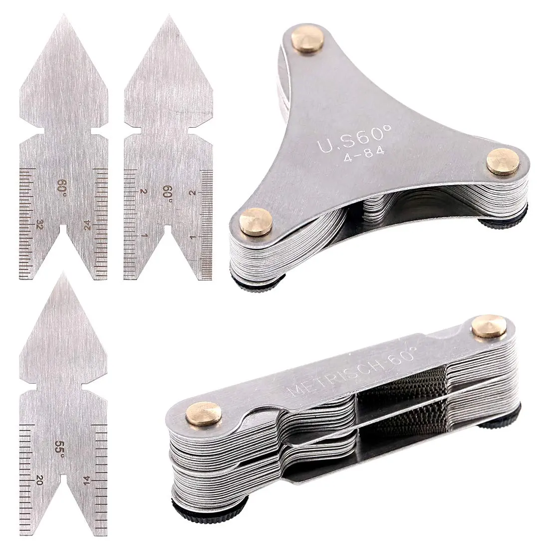 5 count Stainless Steel Screw Thread Pitch  Gauge Tool Set, 51 count  SAE Type + 52 count Metric &  SAE Type &  Whitworth + 3 count Center Gage, Packed in Plastic Box