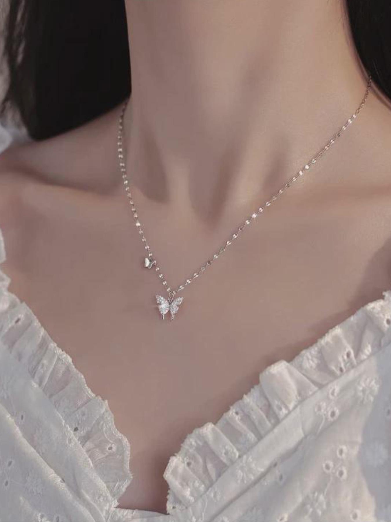 925 Sterling Silver Butterfly Design Pendant Necklace, Fashion Rhinestone Decor Necklace for Party, Daily Decor, Trendy All-match & Exquisite Jewelry for Birthday Gift