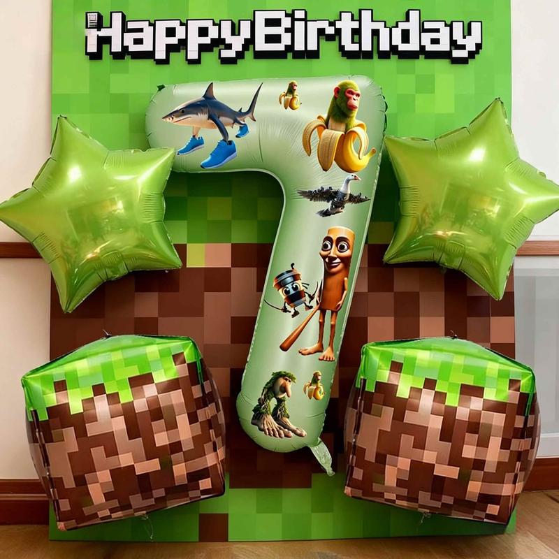 Trendy Pixel Party & Italian Brainrot Balloon Set, Large 32in Green Number Balloons 0-9 with Tralalero Tralala Characters Stickers,Star Foil Balloons, Pixel Block Balloons, for Christmas New Year Video Game Themed Birthday Party Decor, Gamer Decor