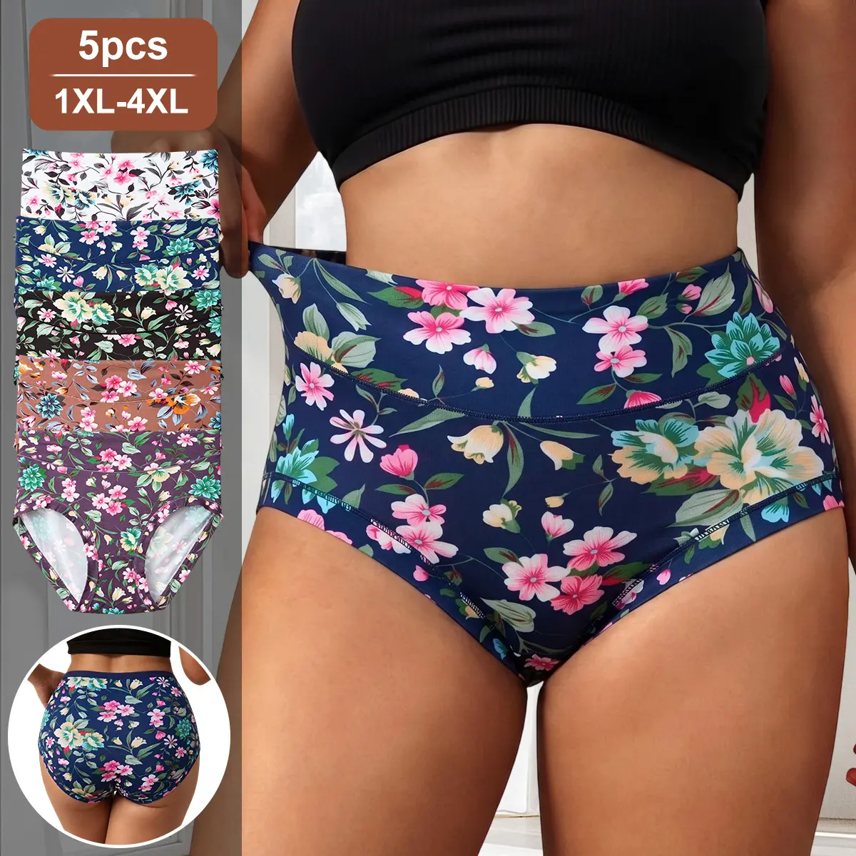 QUASTI Women's 5 Pack High Waisted Seamless Plus Size Panties, Soft Breathable No Show Underwear, Fashion Cool Briefs for Summer Daily Wear, Multicolored Printed, 1XL-4XL