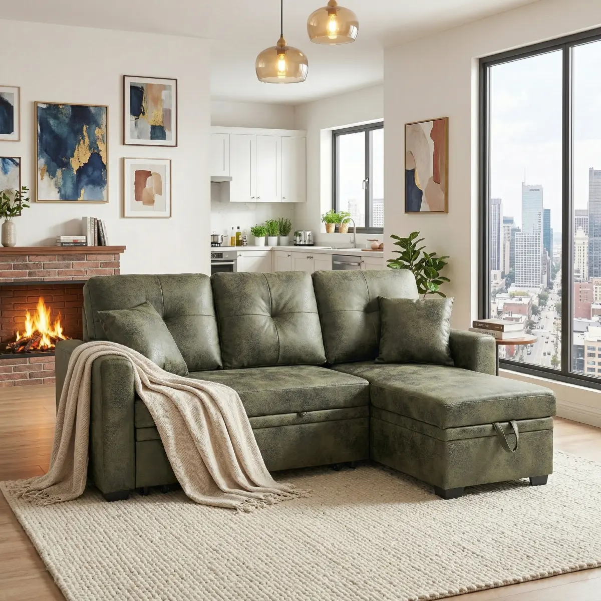 Aobtkel Sleeper , Sectional with Pull-Out Bed, Reversible Chaise, Storage Sectional,  Olive Green breathable  fabric, Small Space Solution, Convertible  Bed, Living Room Furniture, L-Shaped    WL oversized couch seat Armless Sofa crushed velvet
