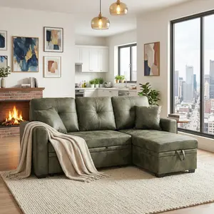 Aobtkel Sleeper Sofa, Sectional with Pull-Out Bed, Reversible Chaise, Storage Sectional,  Olive Green breathable  fabric, Small Space Solution, Convertible Sofa Bed, Living Room Furniture, L-Shaped Sofa   WL